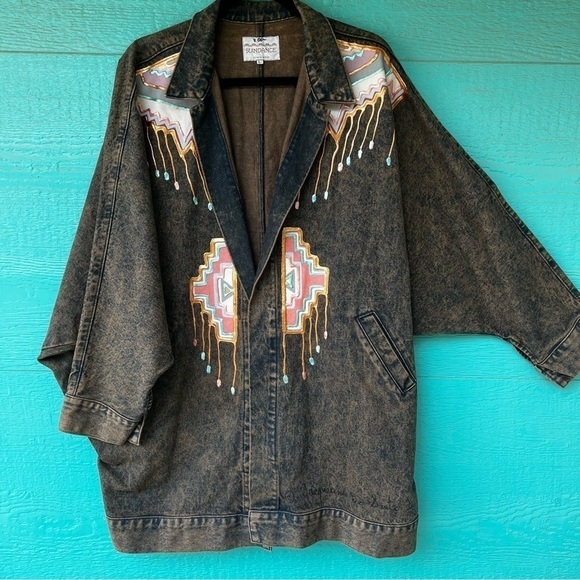 SUNDANCE VINTAGE EMBELLISHED DENIM SOUTHWESTERN LONG COAT SIZE LARGE - Picture 1 of 7